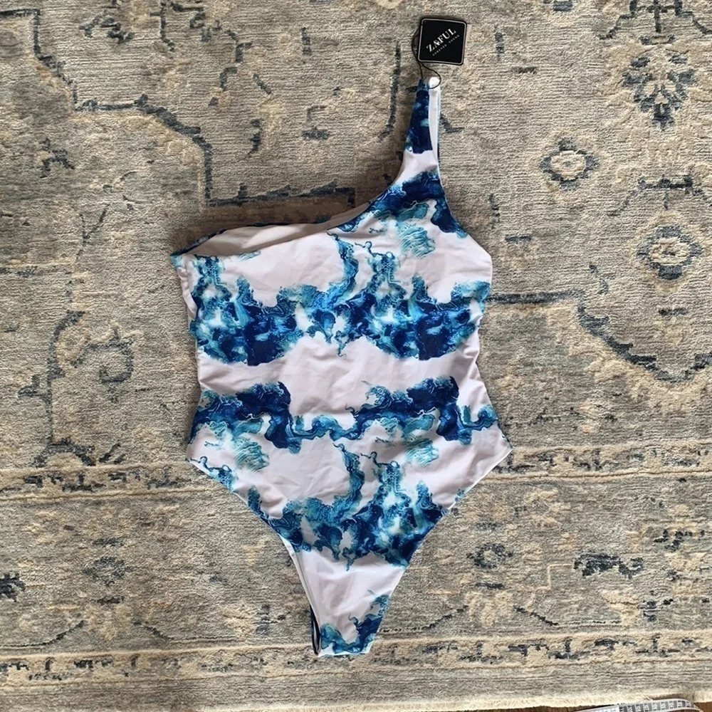 Nwt Zaful Ocean Wave Print one Shoulder One Piece Swimsuit - Picture 3 of 8
